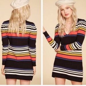 Free People Womens Sweater Dress Sz SP Rainbow Knit Stripes V Neck Stretchy Fall